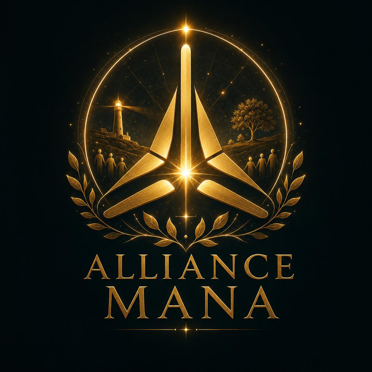 Emblème Alliance MANA — trois pales dorées et une étoile, ceintes d'une couronne de laurier, dans un cercle nocturne.