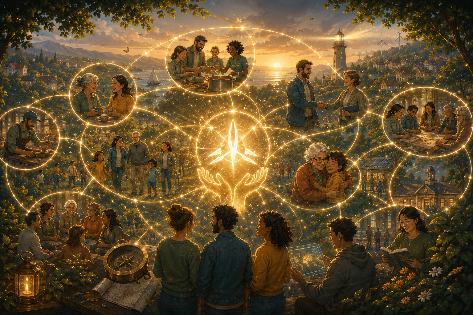 L'écosystème du temps donné — familles, entraide, transmission, collectivités — relié par des fils de lumière dorés autour d'un cœur commun.
